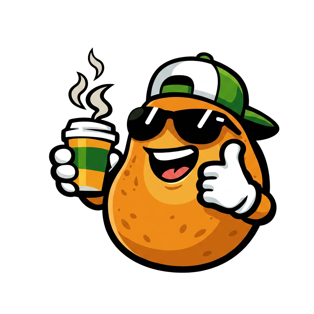 Potato Station mascot — a smiling potato in a green cap with sunglasses